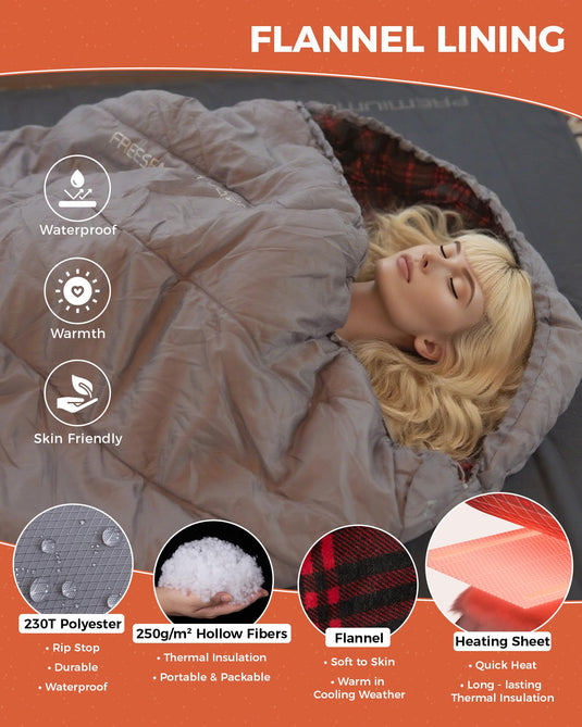 KingCamp FREESPACE HEATING 250 Heated Sleeping Bag – Flannel Lining and Waterproof, Skin Friendly