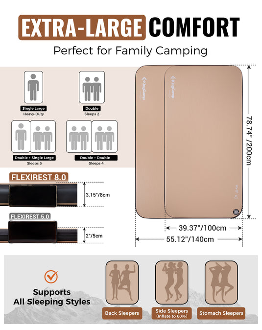 KingCamp Flexi Rest 8.0 DUO Inflatable Sleeping Pad | Double-Wide 55" Camping Mattress with Drop-Stitch Construction, 1100lb Capacity TPU Air Bed