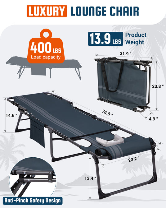 KingCamp Folding Lounge Chair with Face Hole | 7-Position Adjustable Sun Lounger, 400lb Capacity Tri-Fold Beach Chair with Detachable Side Pocket & Pillow for Outdoor Patio Pool