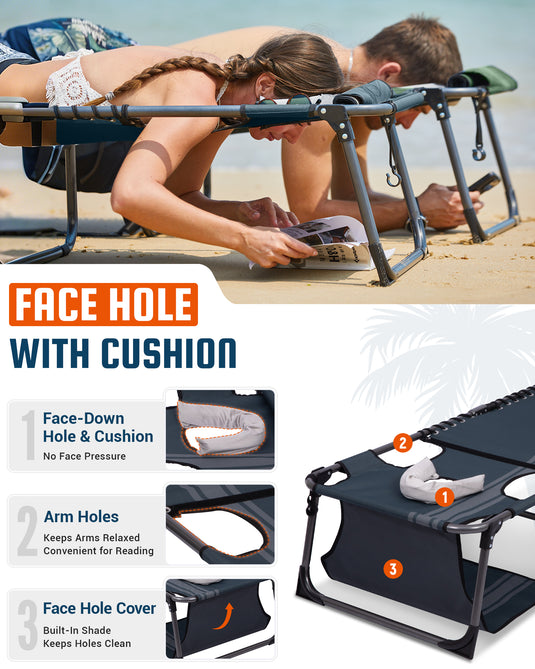 KingCamp Folding Lounge Chair with Face Hole and Arm Holes：Keeps Arms Relaxed Convenient for Reading