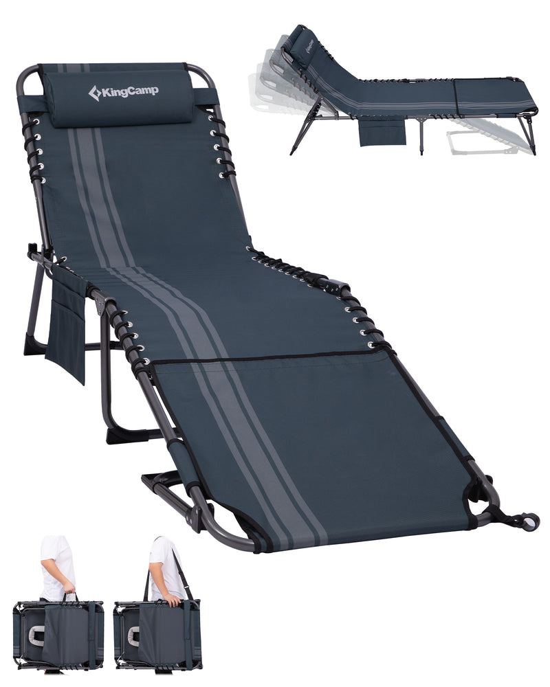 Load image into Gallery viewer, KingCamp Folding Lounge Chair with Face Hole | 7-Position Adjustable Sun Lounger, 400lb Capacity Tri-Fold Beach Chair with Detachable Side Pocket &amp; Pillow for Outdoor Patio Pool
