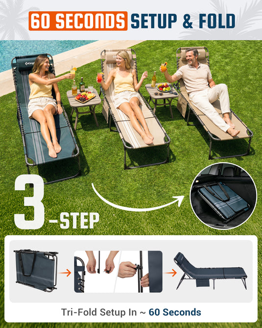 KingCamp Folding Lounge Chair with Face Hole | 7-Position Adjustable Sun Lounger Tri-Fold Setup In ~ 60 Seconds