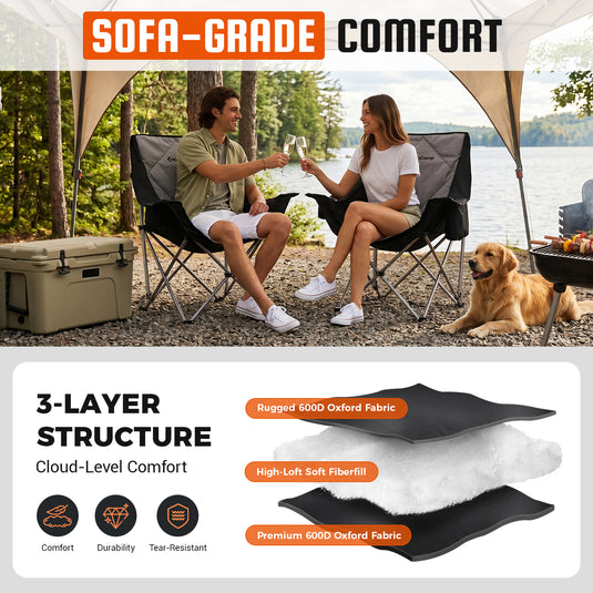 KingCamp Folding Sofa Chair | Padded Camping Chair with Cooler Armrest, Cup Holder, 300lb Capacity Portable Outdoor Couch
