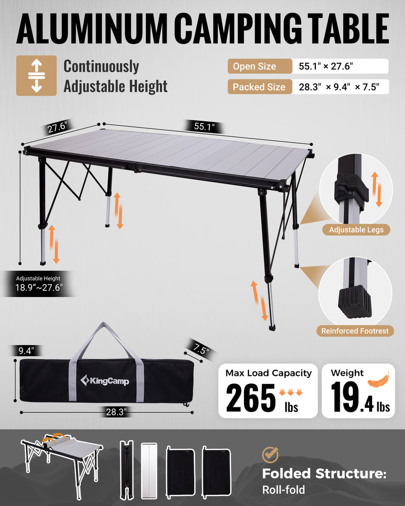 Load image into Gallery viewer, KingCamp GRANITE C14070 Folding Camping Table, 55" Roll-Top Table for 6-8, Adjustable Height, 265 lbs Capacity &amp; Side Storage
