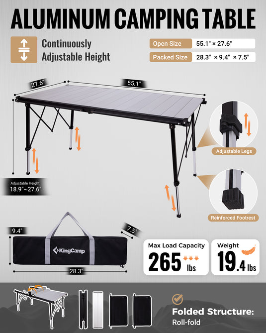 KingCamp GRANITE C14070 Folding Camping Table, 55" Roll-Top Table for 6-8, Adjustable Height, 265 lbs Capacity & Side Storage