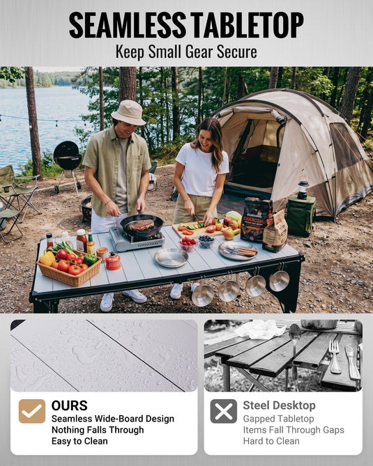 KingCamp GRANITE C14070 Folding Camping Table, 55" Roll-Top Table for 6-8, Adjustable Height, 265 lbs Capacity & Side Storage