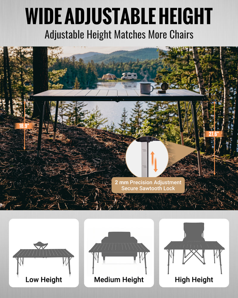 Load image into Gallery viewer, KingCamp GRANITE C14070 Folding Camping Table, 55" Roll-Top Table for 6-8, Adjustable Height, 265 lbs Capacity &amp; Side Storage
