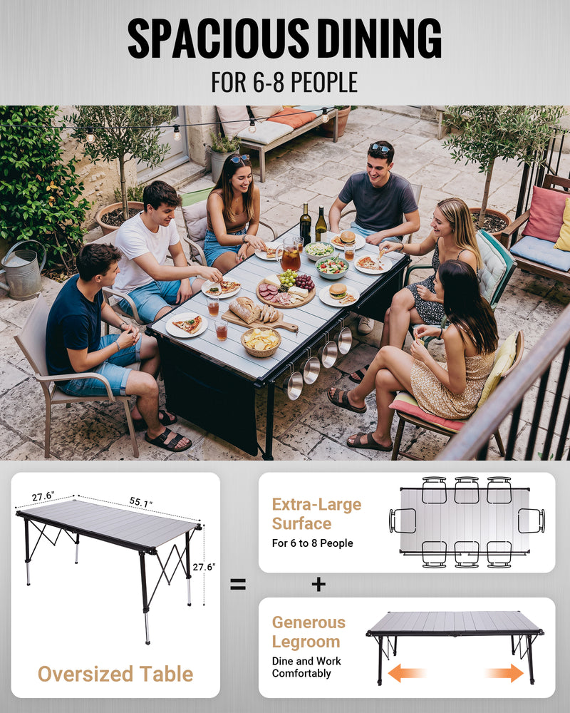 Load image into Gallery viewer, KingCamp GRANITE C14070 Folding Camping Table, 55" Roll-Top Table for 6-8, Adjustable Height, 265 lbs Capacity &amp; Side Storage
