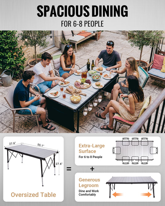 KingCamp GRANITE C14070 Folding Camping Table, 55" Roll-Top Table for 6-8, Adjustable Height, 265 lbs Capacity & Side Storage