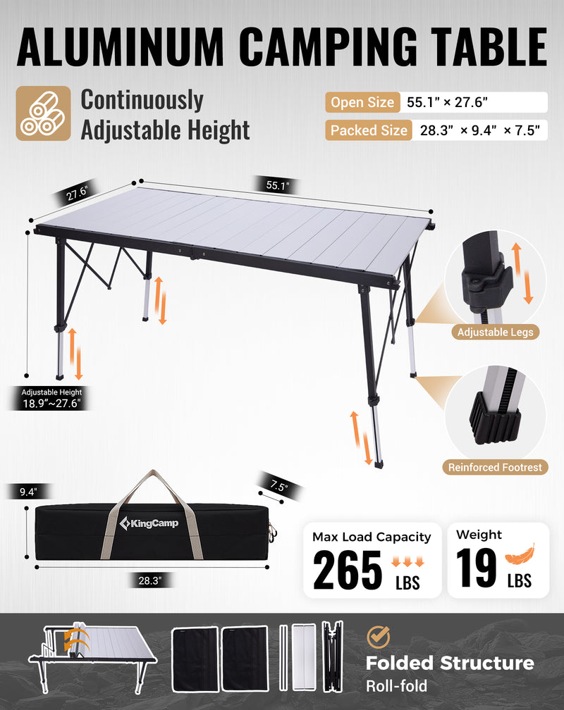 Load image into Gallery viewer, KingCamp GRANITE C14070 Folding Camping Table | Heavy Duty 55-Inch Long Table for 6-8 People, Adjustable Height (19"-28") &amp; Side Pockets, Holds 265 lbs
