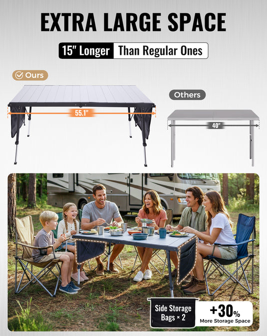 KingCamp GRANITE C14070 Folding Camping Table | Heavy Duty 55-Inch Long Table for 6-8 People, Adjustable Height (19"-28") & Side Pockets, Holds 265 lbs