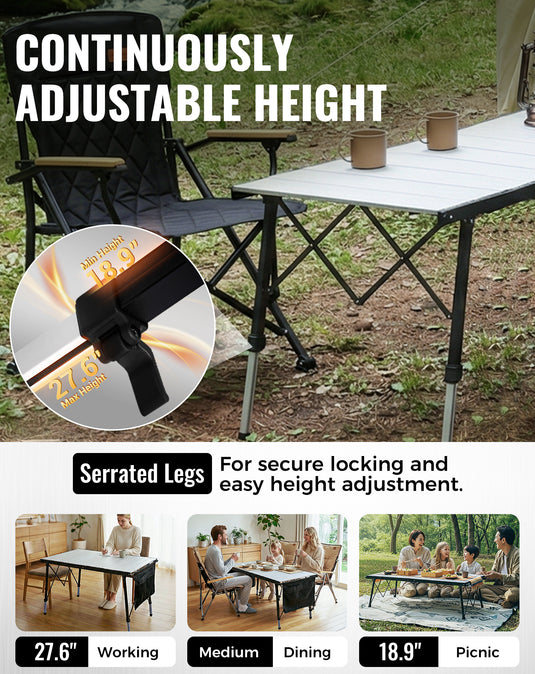 KingCamp GRANITE C14070 Folding Camping Table | Heavy Duty 55-Inch Long Table for 6-8 People, Adjustable Height (19"-28") & Side Pockets, Holds 265 lbs