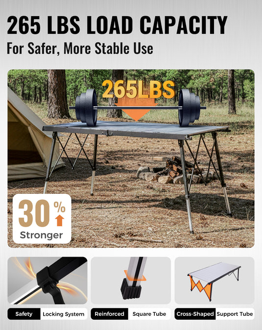 KingCamp GRANITE C14070 Folding Camping Table | Heavy Duty 55-Inch Long Table for 6-8 People, Adjustable Height (19"-28") & Side Pockets, Holds 265 lbs