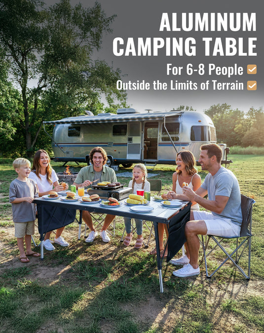 KingCamp GRANITE C14070 Folding Camping Table | 55-Inch Extra Long Roll-Top Table for 6-8 People, Heavy Duty Adjustable Height & Side Pockets
