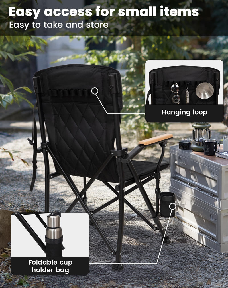 Load image into Gallery viewer, KingCamp GUAVA C00 Padded Folding Camping Chair, High Back Outdoor Armchair with Beech Wood Armrests, Cup Holder, Adjustable Feet &amp; Carry Bag, 300 lbs Capacity

