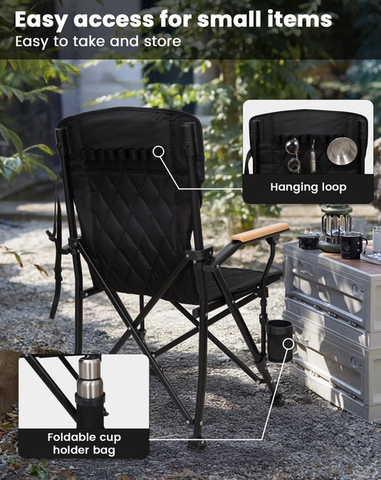 KingCamp GUAVA C00 Padded Folding Camping Chair, High Back Outdoor Armchair with Beech Wood Armrests, Cup Holder, Adjustable Feet & Carry Bag, 300 lbs Capacity