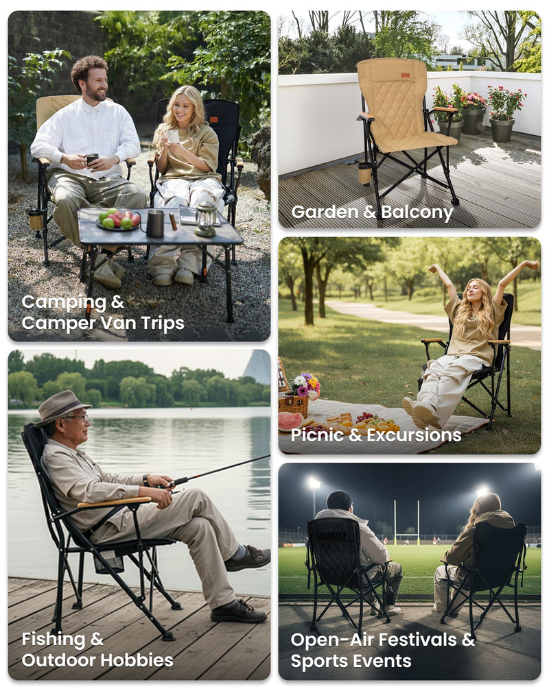 Load image into Gallery viewer, KingCamp GUAVA C00 Padded Folding Camping Chair, High Back Outdoor Armchair with Beech Wood Armrests, Cup Holder, Adjustable Feet &amp; Carry Bag, 300 lbs Capacity
