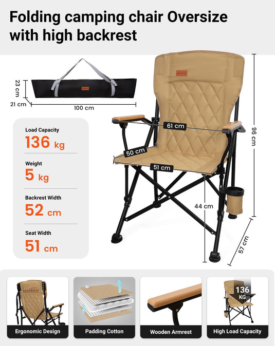 KingCamp GUAVA C00 Padded Folding Camping Chair, High Back Outdoor Armchair with Beech Wood Armrests, Cup Holder, Adjustable Feet & Carry Bag, 300 lbs Capacity
