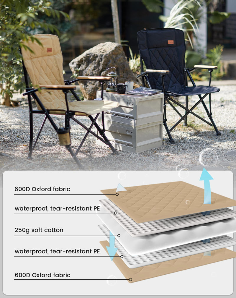 Load image into Gallery viewer, KingCamp GUAVA C00 Padded Folding Camping Chair, High Back Outdoor Armchair with Beech Wood Armrests, Cup Holder, Adjustable Feet &amp; Carry Bag, 300 lbs Capacity
