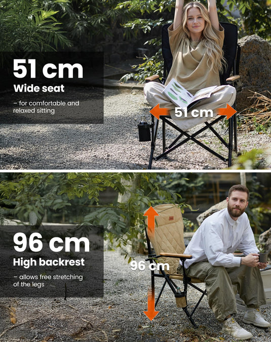 KingCamp GUAVA C00 Padded Folding Camping Chair, High Back Outdoor Armchair with Beech Wood Armrests, Cup Holder, Adjustable Feet & Carry Bag, 300 lbs Capacity