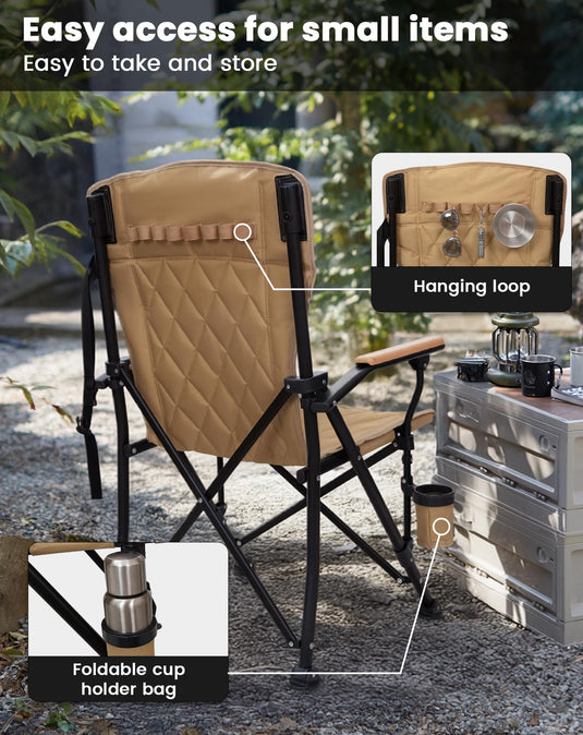 KingCamp GUAVA C00 Padded Folding Camping Chair, High Back Outdoor Armchair with Beech Wood Armrests, Cup Holder, Adjustable Feet & Carry Bag, 300 lbs Capacity