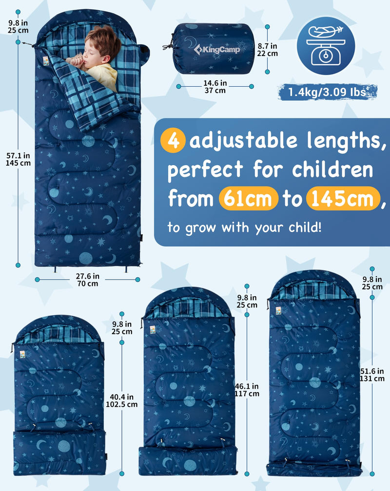 Load image into Gallery viewer, KingCamp Galaxy Zoo C 300 Kids Sleeping Bag – Adjustable Length (61-145cm), Cotton Flannel Lined, 3-Season Warmth for Camping
