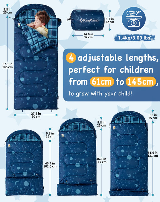 KingCamp Galaxy Zoo C 300 Kids Sleeping Bag – Adjustable Length (61-145cm), Cotton Flannel Lined, 3-Season Warmth for Camping