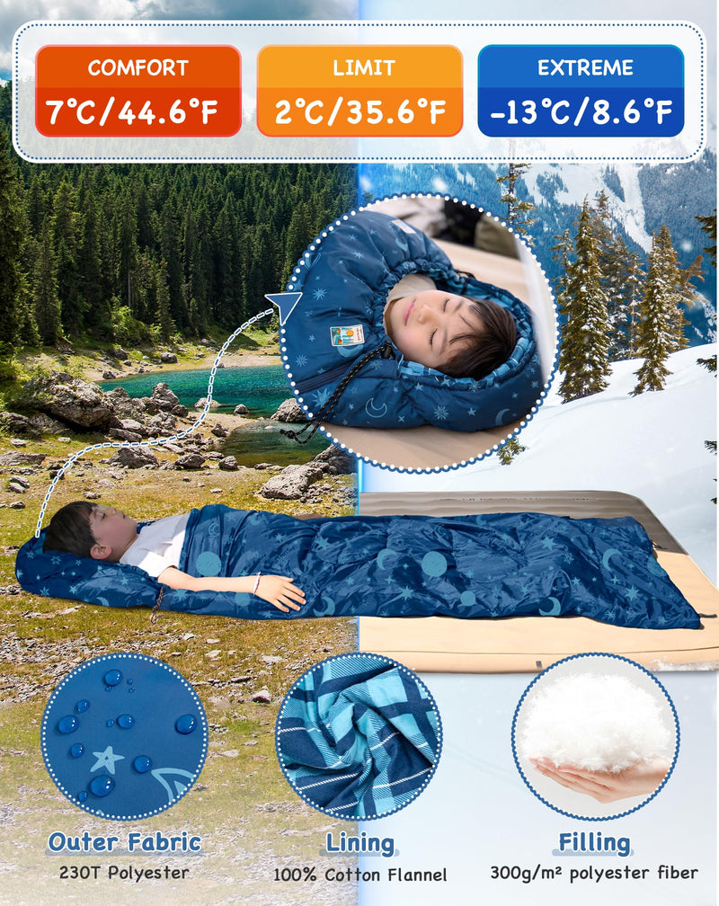 Load image into Gallery viewer, KingCamp Galaxy Zoo C 300 Kids Sleeping Bag – Adjustable Length (61-145cm), Cotton Flannel Lined, 3-Season Warmth for Camping
