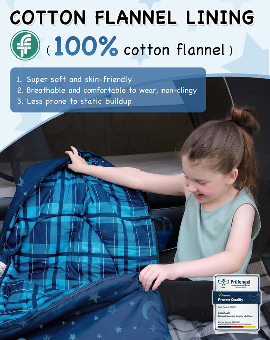 KingCamp Galaxy Zoo C 300 Kids Sleeping Bag – Adjustable Length (61-145cm), Cotton Flannel Lined, 3-Season Warmth for Camping