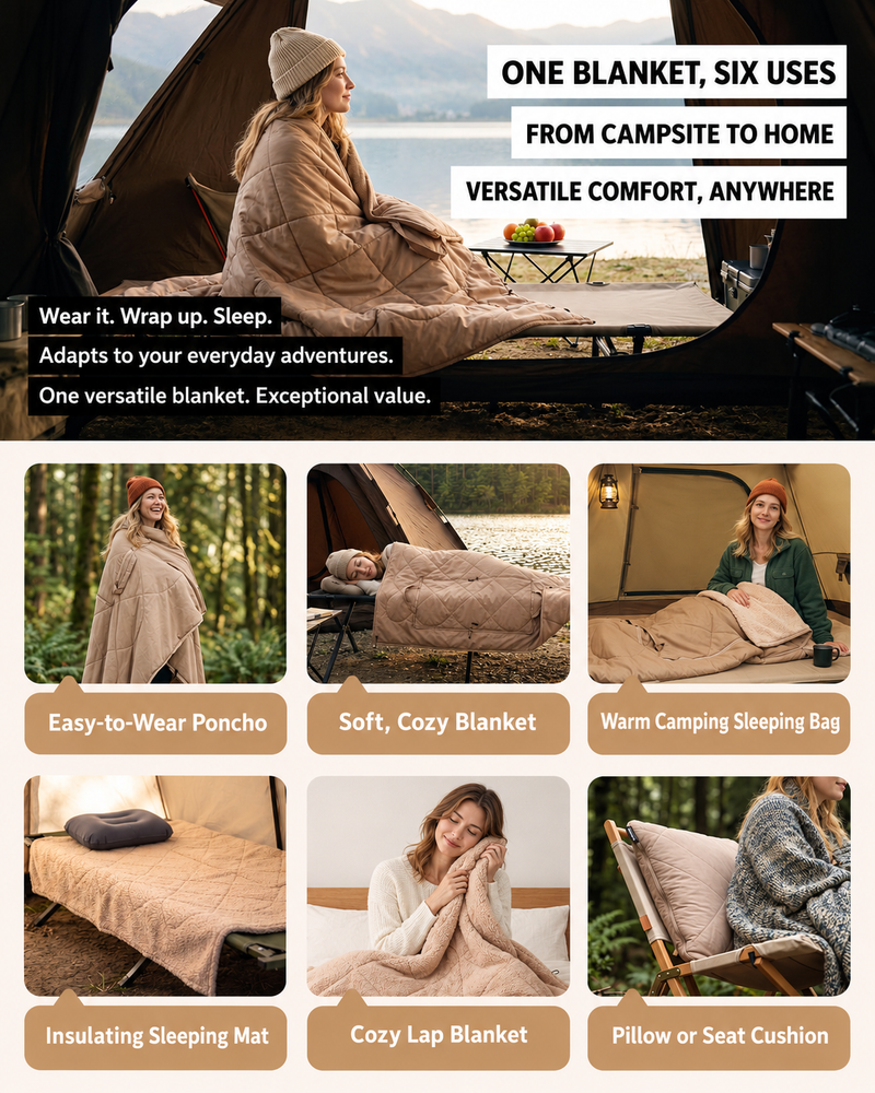 Load image into Gallery viewer, KingCamp HAZE 50 4-in-1 Camping Blanket, Sherpa Fleece Wearable Blanket, Zip-Up Sleeping Bag &amp; Travel Pillow KHAKI
