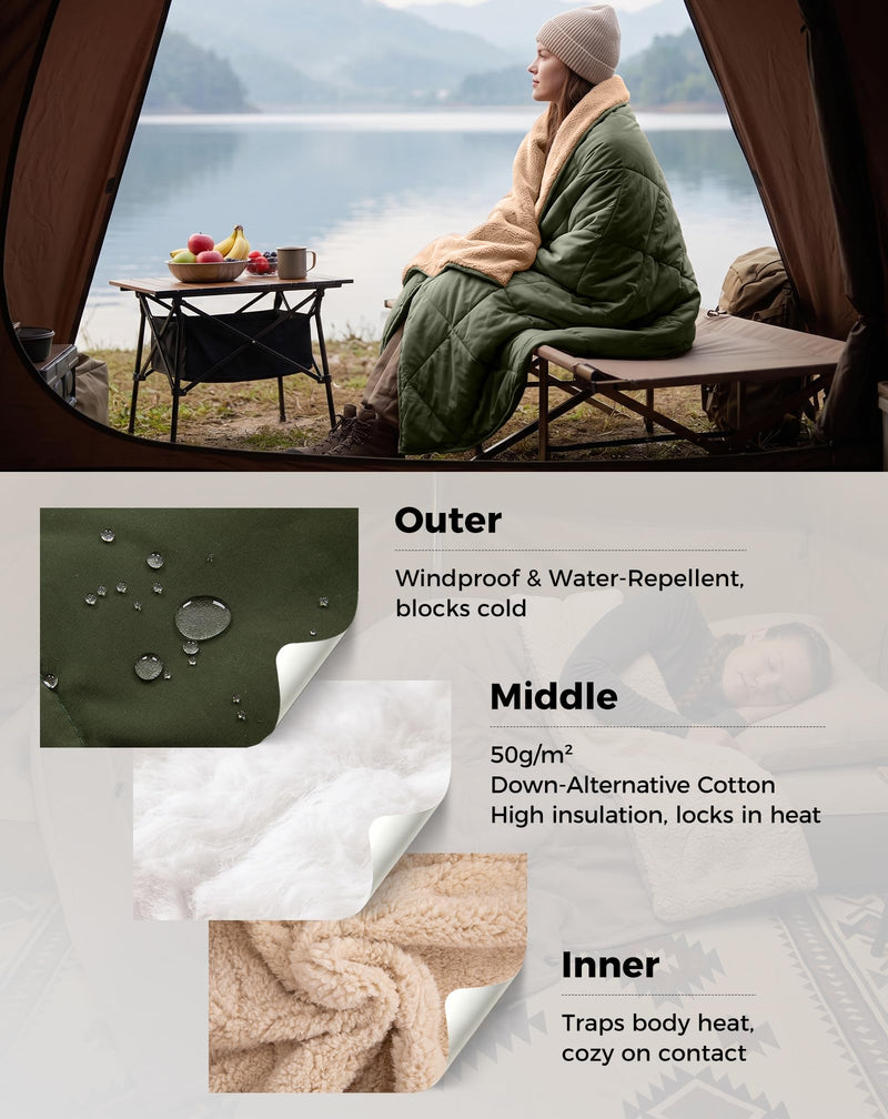 Load image into Gallery viewer, KingCamp HAZE 50 4-in-1 Camping Blanket, Sherpa Fleece Wearable Blanket, Zip-Up Sleeping Bag &amp; Travel Pillow
