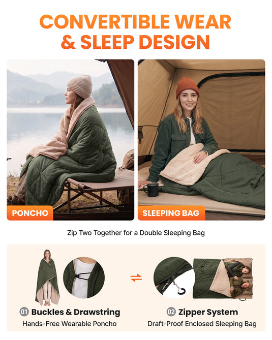 KingCamp HAZE 50 4-in-1 Camping Blanket, Sherpa Fleece Wearable Blanket, Zip-Up Sleeping Bag & Travel Pillow