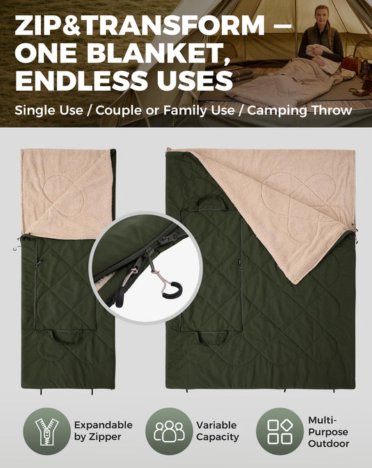 KingCamp HAZE 50 4-in-1 Camping Blanket, Sherpa Fleece Wearable Blanket, Zip-Up Sleeping Bag & Travel Pillow