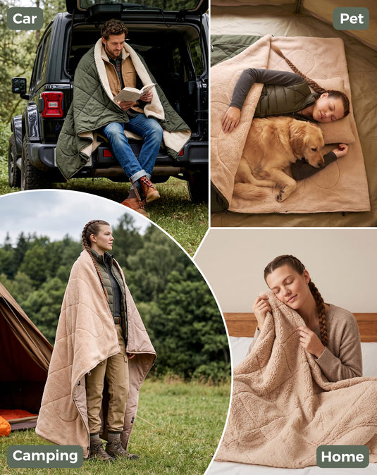 KingCamp HAZE 50 4-in-1 Camping Blanket, Sherpa Fleece Wearable Blanket, Zip-Up Sleeping Bag & Travel Pillow
