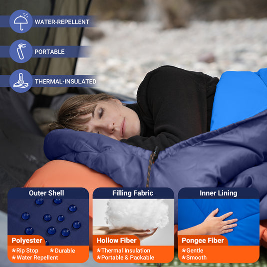 KingCamp HURON 250 Sleeping Bag | 3-Season Envelope Bag with Hood, Soft Polyester Lining, Compact Compression Sack for Adults Camping & Backpacking