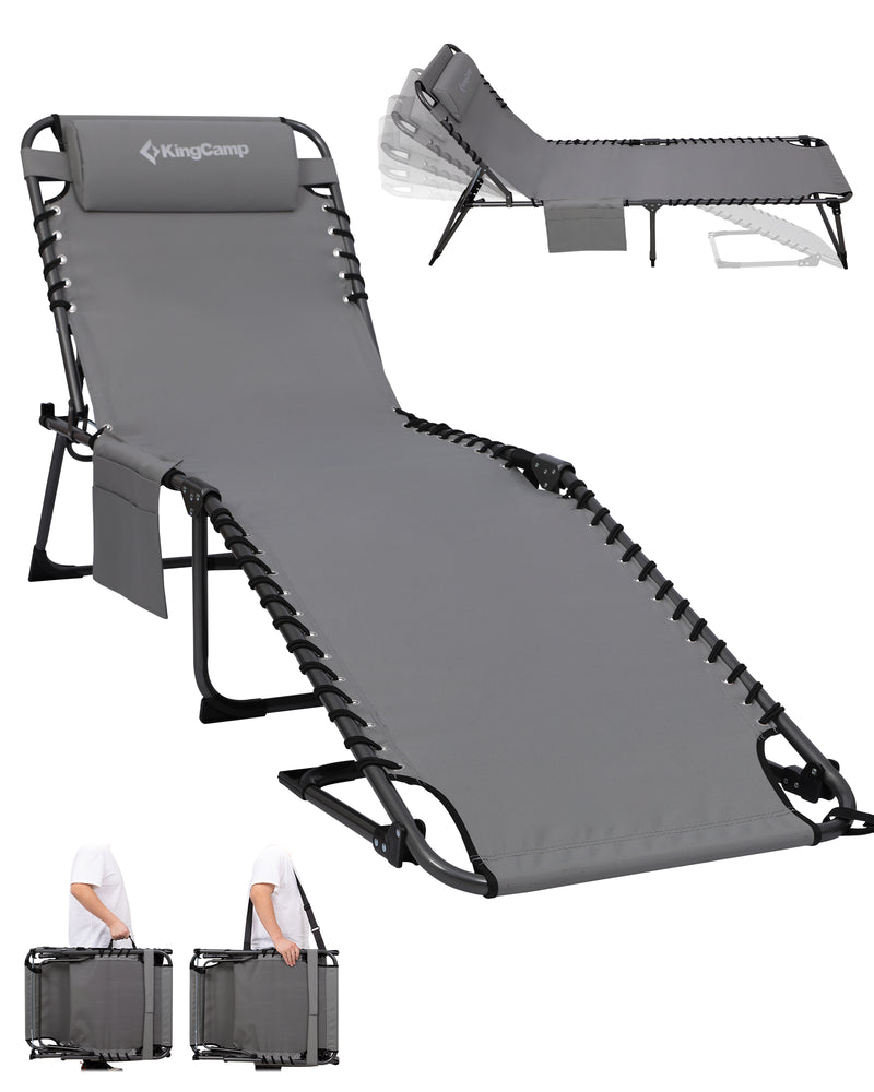 Load image into Gallery viewer, KingCamp Heavy Duty Adjustable Folding Sun Lounger with Pillow &amp; Side Pocket, 400lb Capacity Outdoor Chaise Grey

