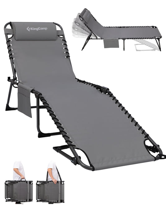 KingCamp Heavy Duty Adjustable Folding Sun Lounger with Pillow & Side Pocket, 400lb Capacity Outdoor Chaise Grey