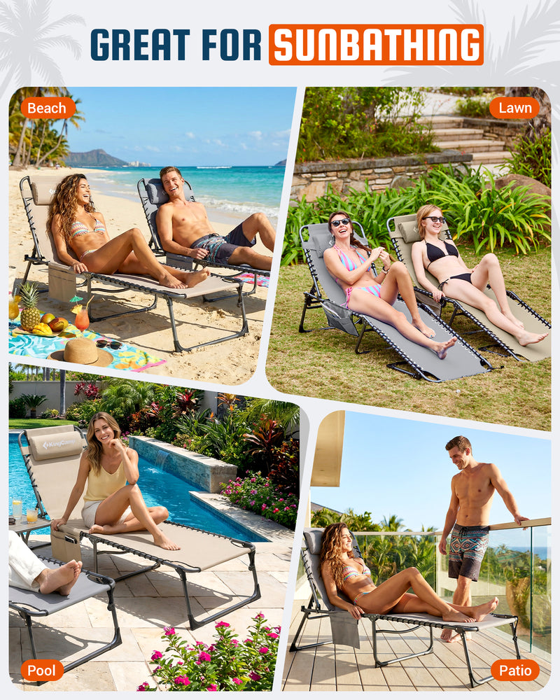 Load image into Gallery viewer, KingCamp Heavy Duty Adjustable Folding Sun Lounger with Pillow &amp; Side Pocket, 400lb Capacity Outdoor Chaise For Sunbathing
