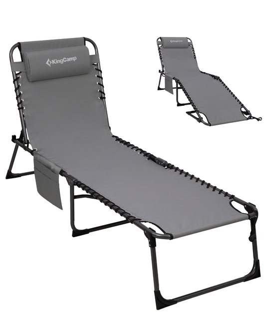 KingCamp Heavy Duty Adjustable Folding Sun Lounger with Pillow & Side Pocket, 400lb Capacity Outdoor Chaise Grey