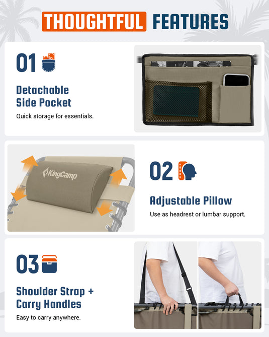 KingCamp Heavy Duty Adjustable Folding Sun Lounger with Pillow & Side Pocket, 400lb Capacity Outdoor Chaise with Shoulder Strap and Carry Handles easy to carry anywhere