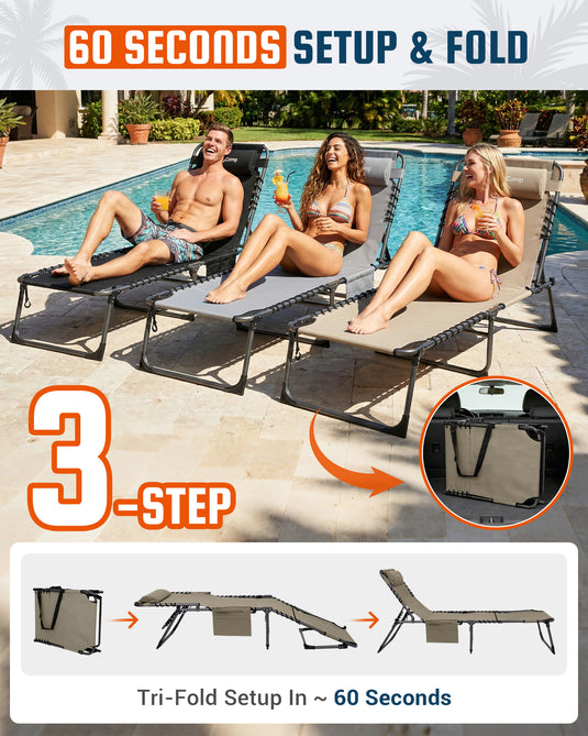 KingCamp Heavy Duty Adjustable Folding Sun Lounger with Pillow & Side Pocket Tri-Fold Setup in 60 seconds