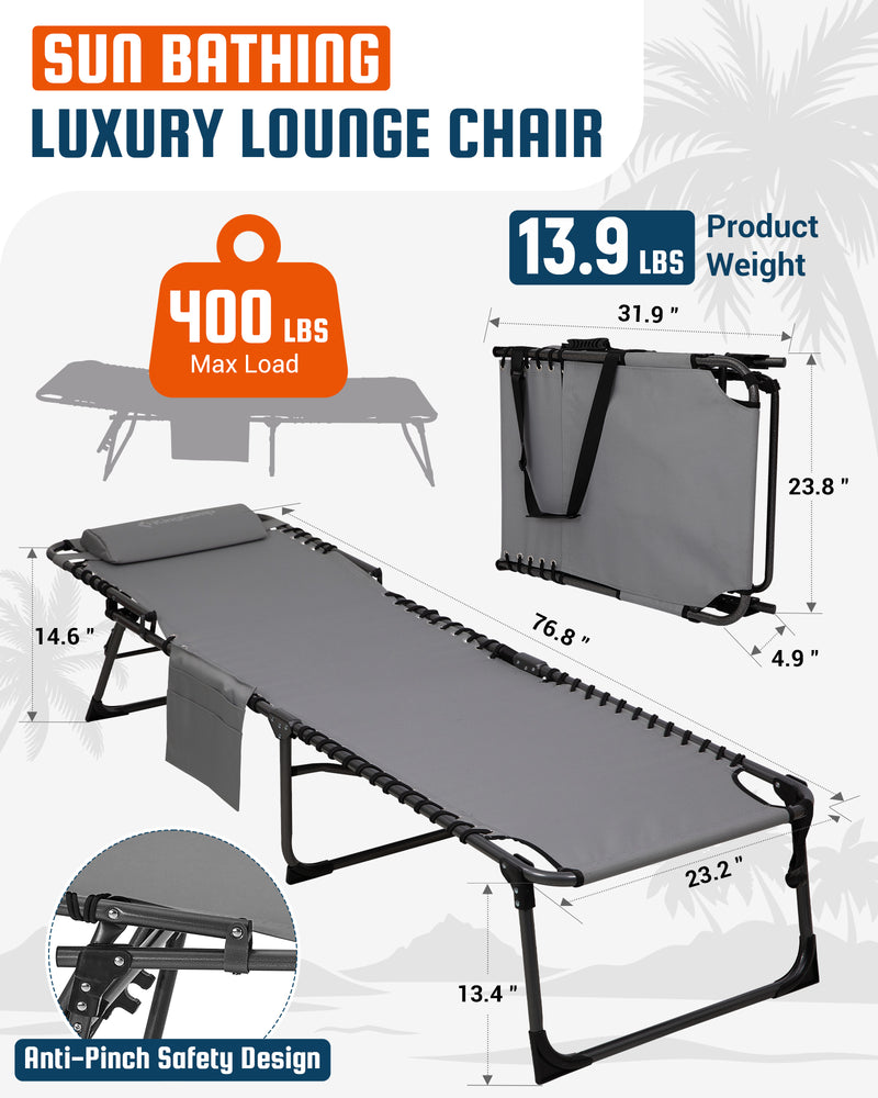 Load image into Gallery viewer, KingCamp Heavy Duty Adjustable Folding Sun Lounger with Pillow &amp; Side Pocket, 400lb Capacity Outdoor Chaise Grey with Anti-Pinch Safety Design
