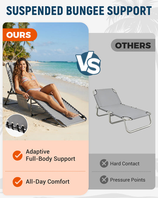 KingCamp Heavy Duty Adjustable Folding Sun Lounger with Pillow & Side Pocket, 400lb Capacity Outdoor Chaise Grey