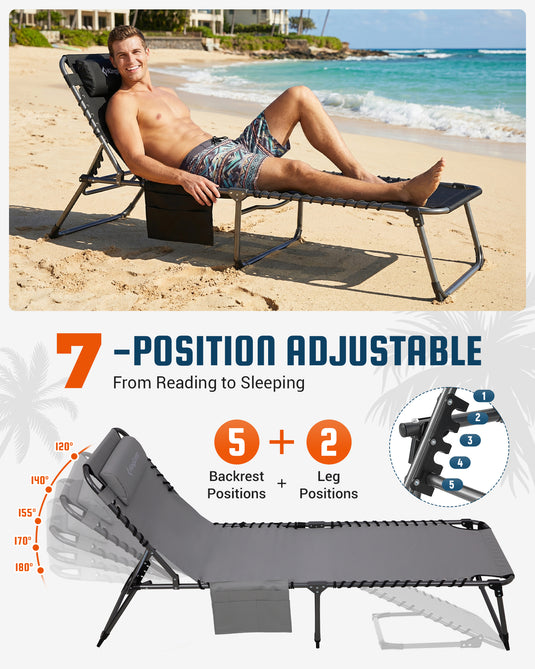 KingCamp Heavy Duty Adjustable Folding Sun Lounger with Pillow & Side Pocket, 7-POSITION ADJUSTABLE From Reading to Sleeping：5 Backrest Positions + 2 Leg Positions 