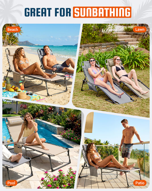 KingCamp Heavy Duty Folding Sun Lounger with Pillow & Side Pocket, 400lb Capacity Outdoor Chaise