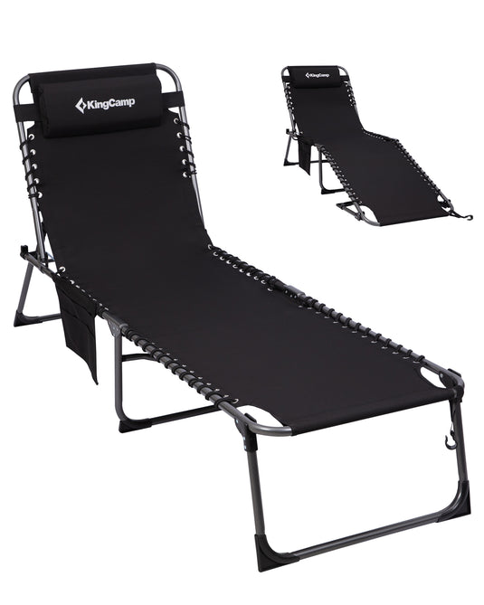 KingCamp Heavy Duty Folding Sun Lounger with Pillow & Side Pocket, 400lb Capacity Outdoor Chaise Black