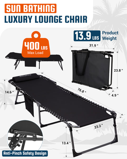 KingCamp Heavy Duty Folding Sun Lounger with Pillow & Side Pocket, 400lb Capacity Outdoor Chaise Black with anti-pinch safety design
