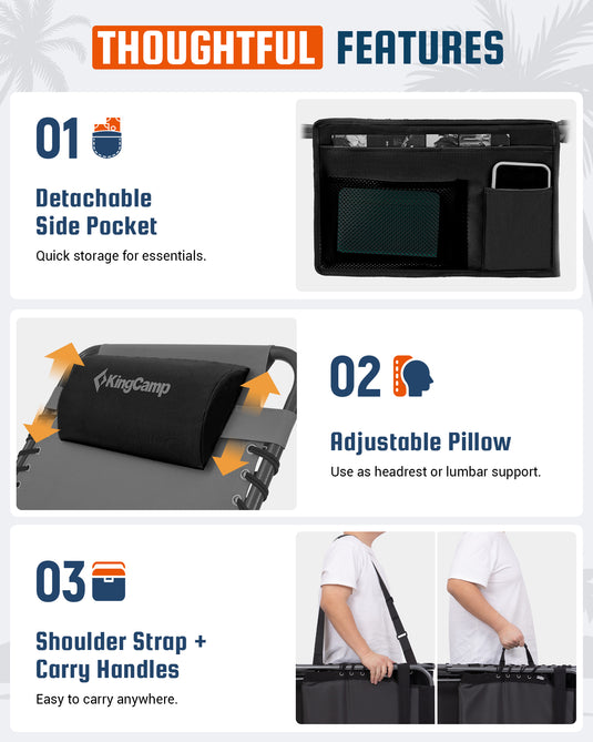 KingCamp Heavy Duty Folding Sun Lounger with Pillow & Side Pocket, 400lb Capacity Outdoor Chaise Black with Shoulder Strap and Carry Handles easy to carry