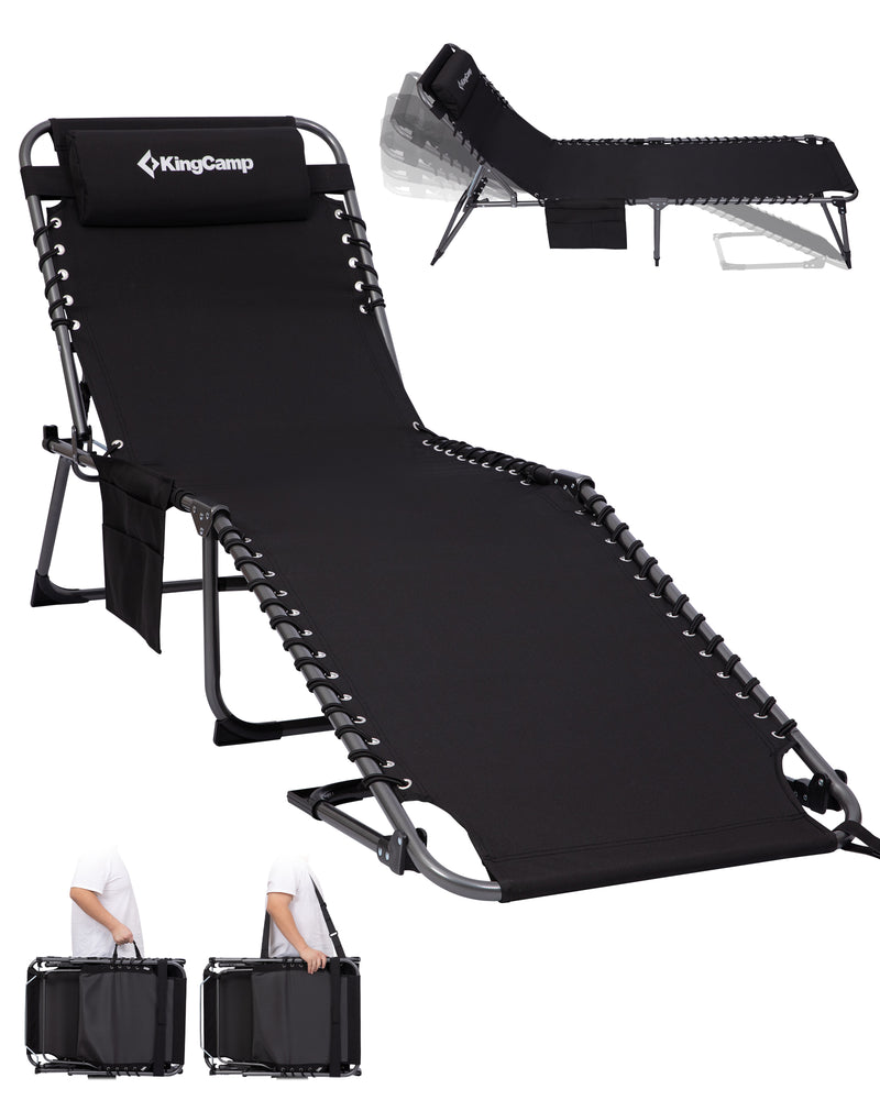 Load image into Gallery viewer, KingCamp Heavy Duty Folding Sun Lounger with Pillow &amp; Side Pocket, 400lb Capacity Outdoor Chaise Black
