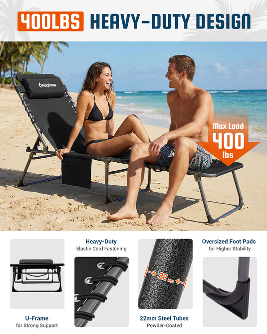 KingCamp Heavy Duty Folding Sun Lounger with Pillow & Side Pocket, 400lb Capacity Outdoor Chaise with Heavy Duty Flastic Cord Fastening